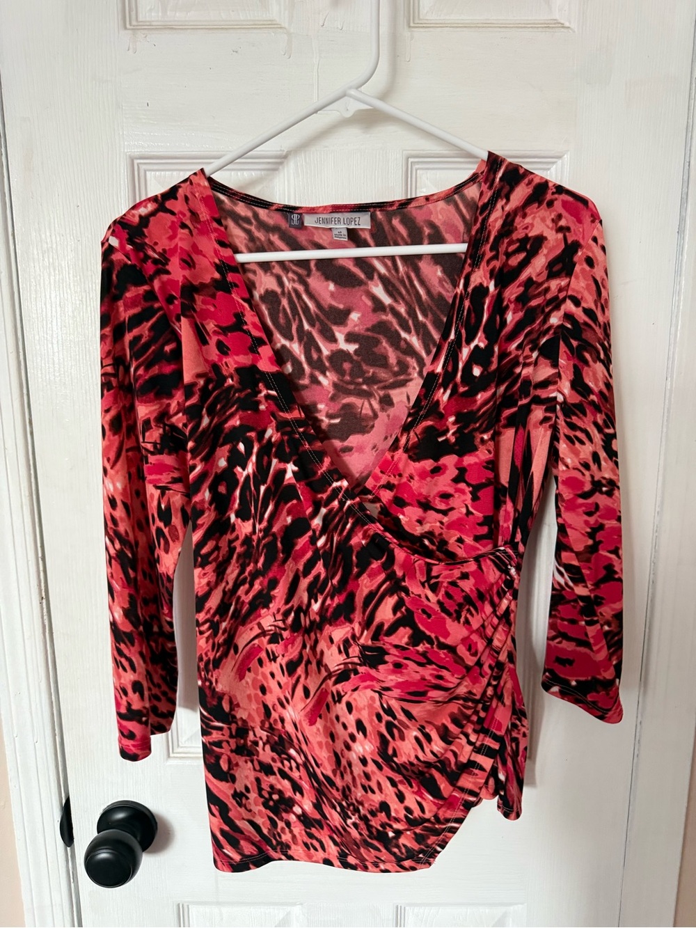 Jennifer Lopez Pink and Red Animal Print Wrap-Style Long Sleeve Top size medium
